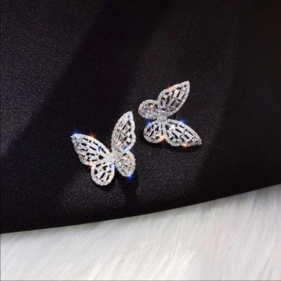 STERLING SILVER DIAMOND BUTTERFLY EARRINGS, BEAUTIFUL EARRINGS, CUTE EARRINGS - Picture 3 of 4